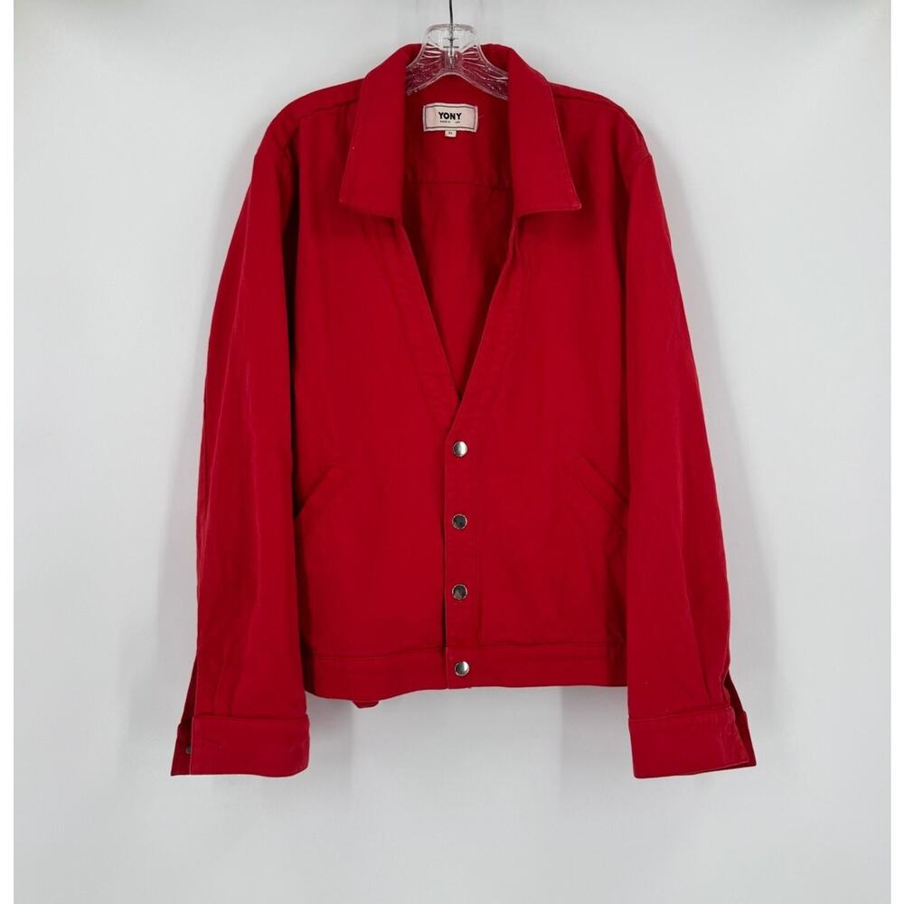 Yony Vintage Womens Bright Red Denim Cotton Collared V Neck Button Jacket Sz XL